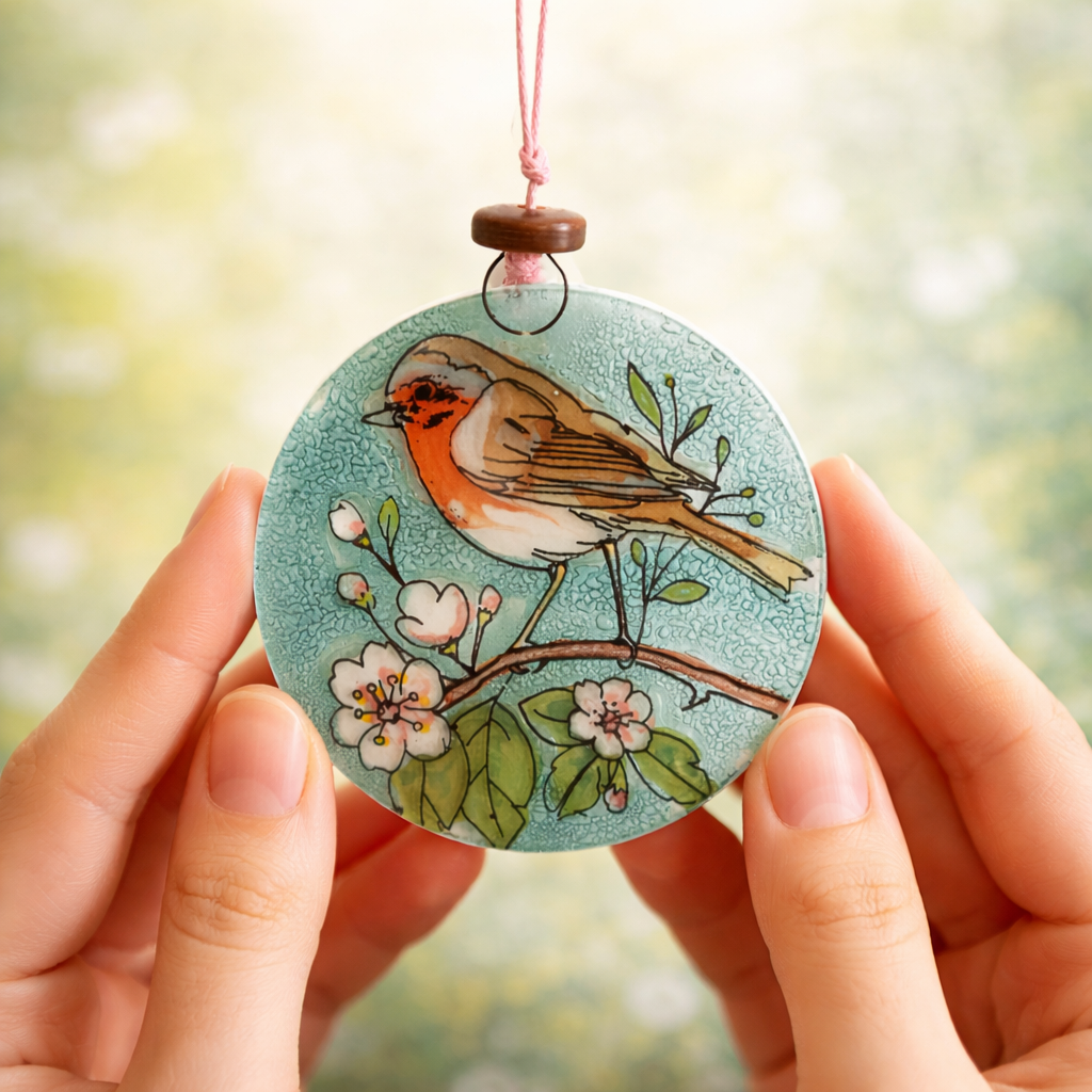 Atrapasol de vidrio pintado a mano con pájaros – decoración luminosa para ventana o regalo especial