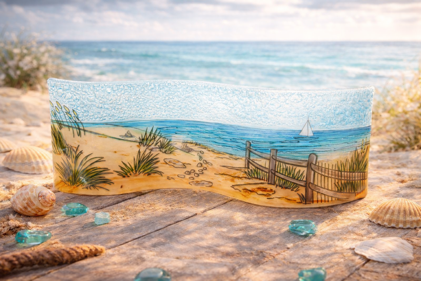 Escultura de vidrio playa de Dénia pintado a mano – decoración luminosa artesanal para el hogar o regalo especial