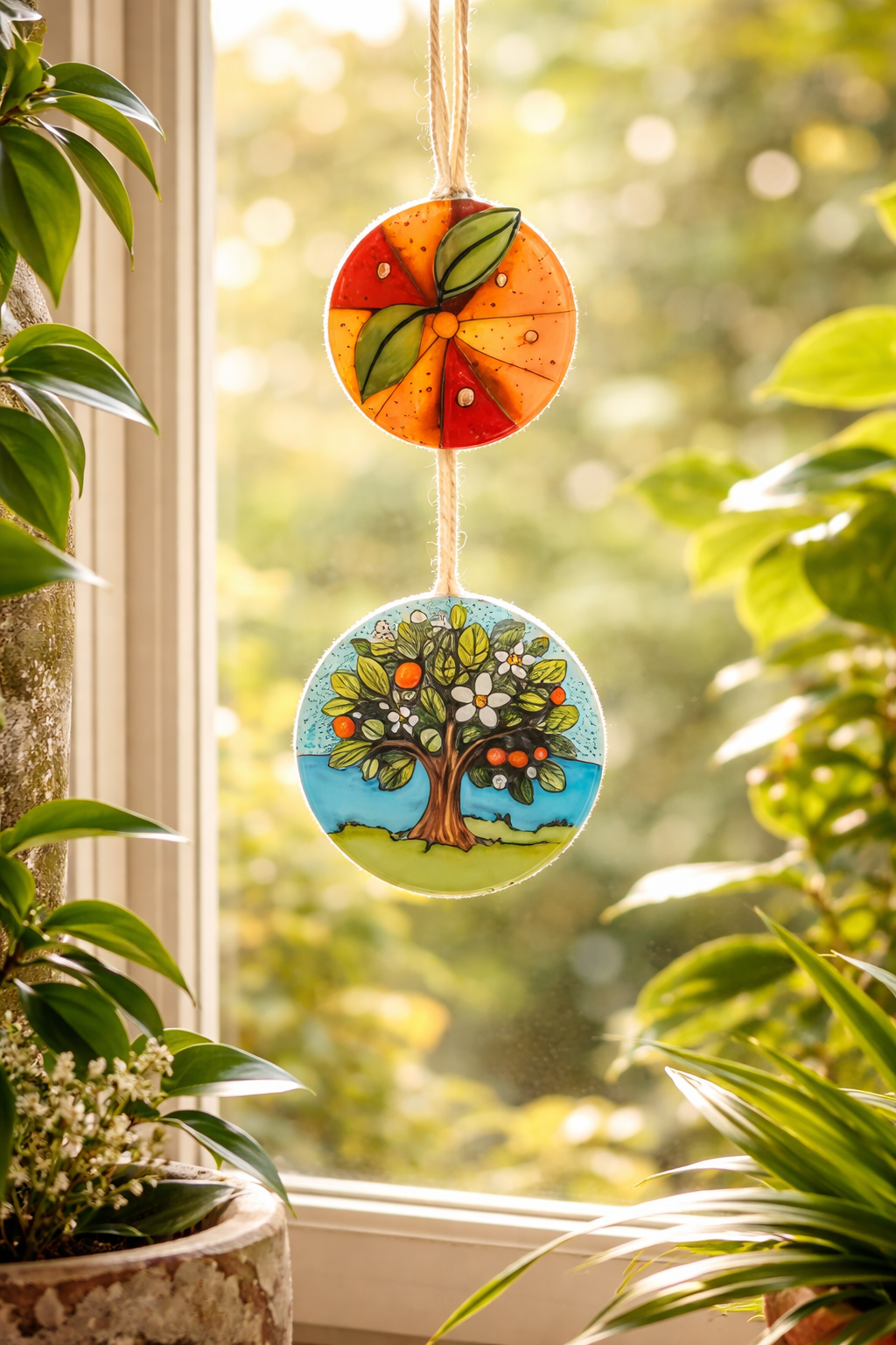 Atrapasol de vidrio árbol de la vida y naranjas – decoración luminosa artesanal para ventana o regalo especial