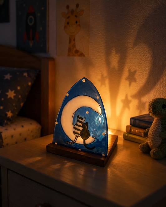 Esculturas de vidrio pintadas a mano con luna y gatos | Decoración artesanal