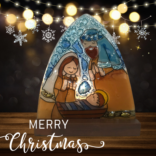 Candelabro sostenible con nacimiento de Jesus pintado a mano