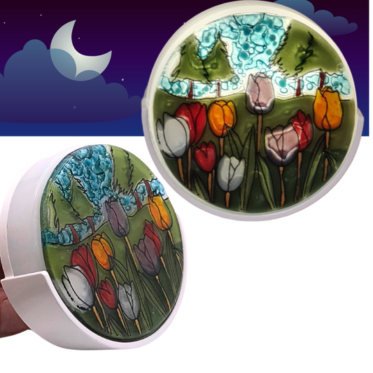 Luz LED nocturna cristal campo tulipanes pintado a mano