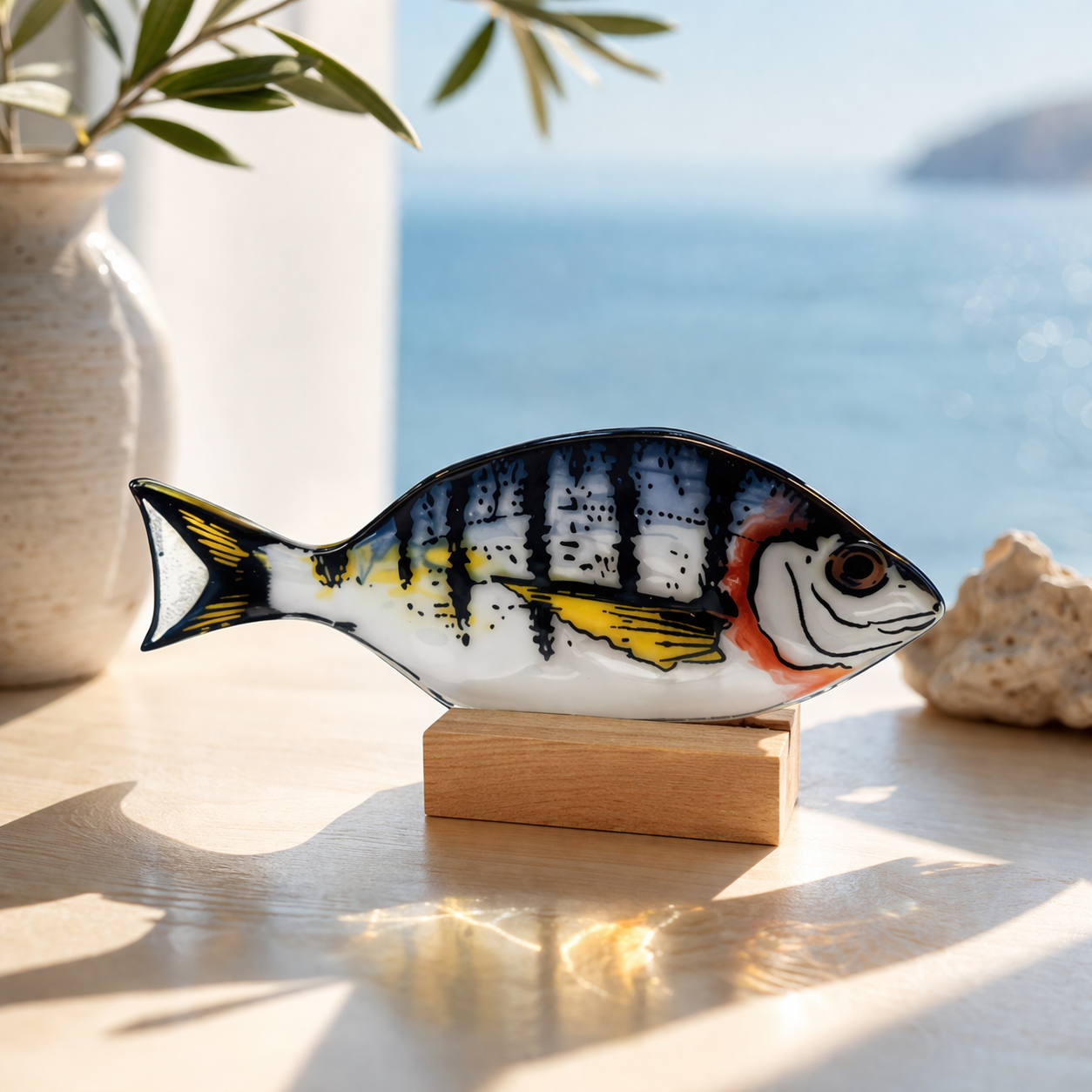 Escultura de vidrio con pez mediterráneo “Mojarra” pintado a mano sobre base de madera – decoración marina artesanal