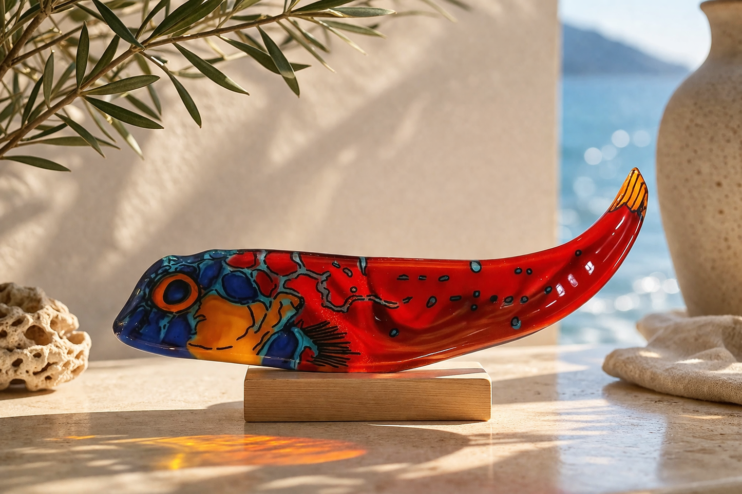 Escultura de vidrio con pez “Blenio” pintado a mano – decoración marina artesanal