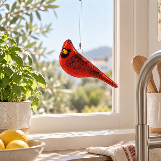 Atrapasol de vidrio con pájaro cardenal pintado a mano – decoración para ventana artesanal