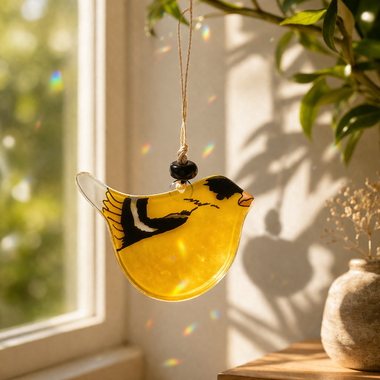 Atrapasol de vidrio con pájaro canario pintado a mano – decoración luminosa para ventana o regalo especial