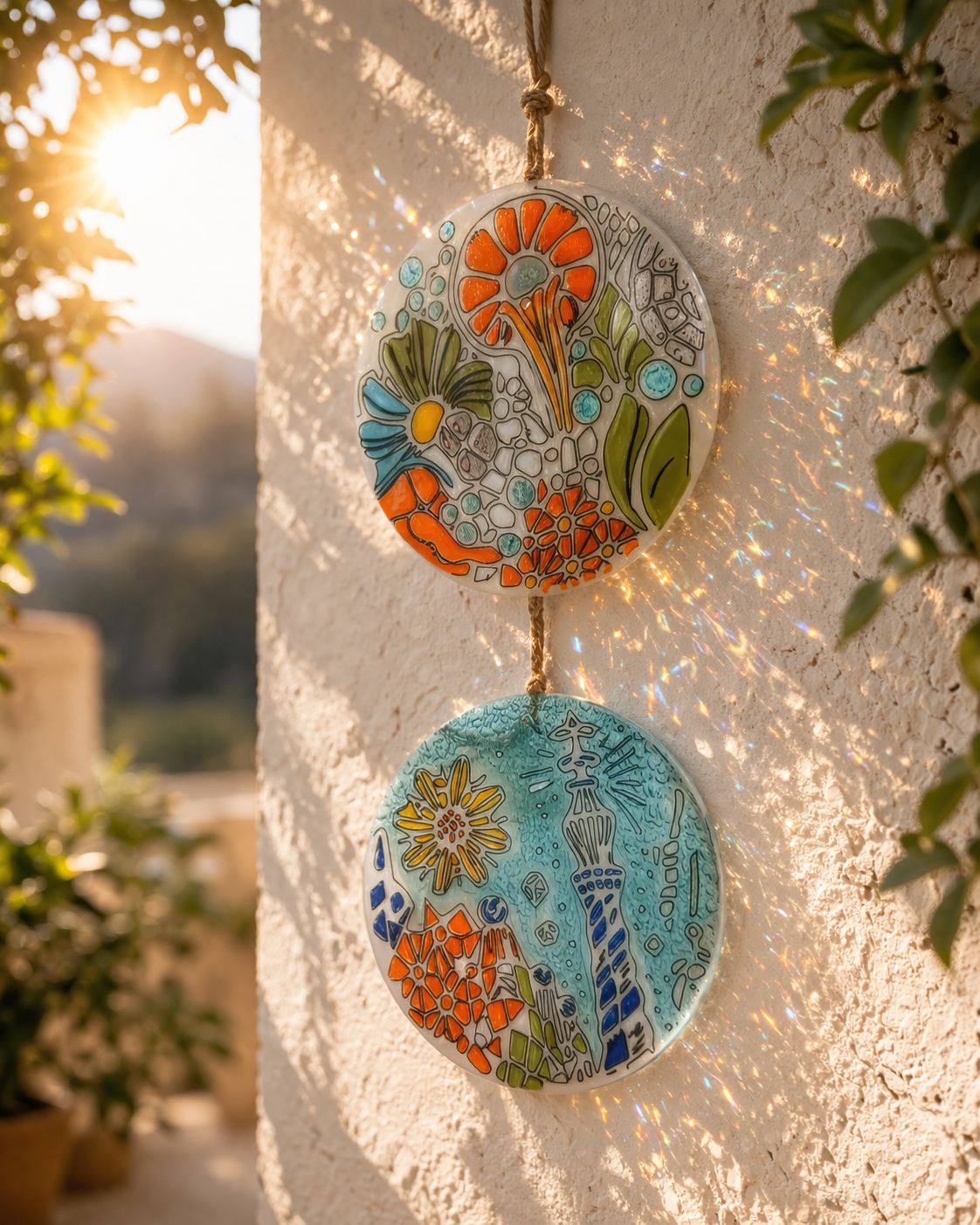 Atrapasol de vidrio pintado a mano estilo Gaudí – decoración colgante artesanal