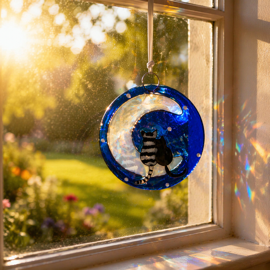 Esculturas de vidrio pintadas a mano con luna y gatos | Decoración artesanal