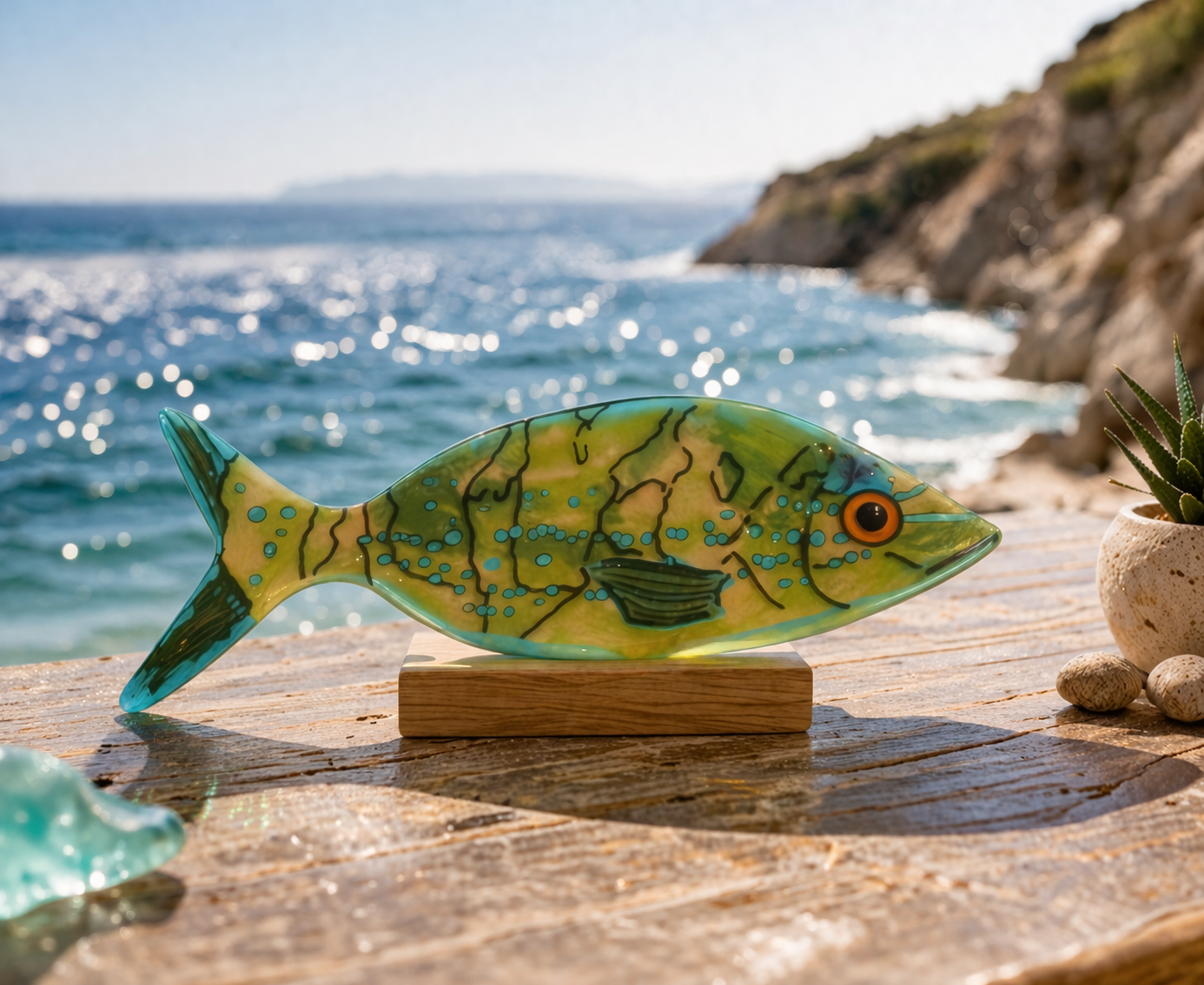 Escultura de vidrio con pez “Chucula” pintado a mano – decoración marina artesanal