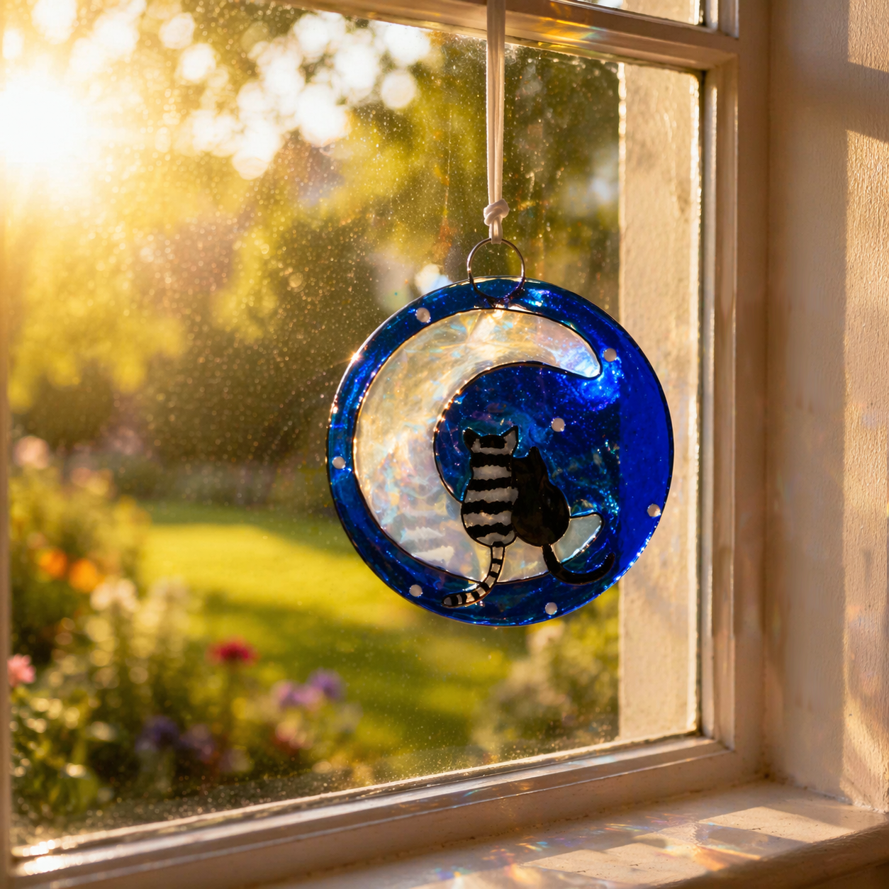 Escultura de vidrio con gatos y luna – decoración artesanal con luz para hogar o regalo especial