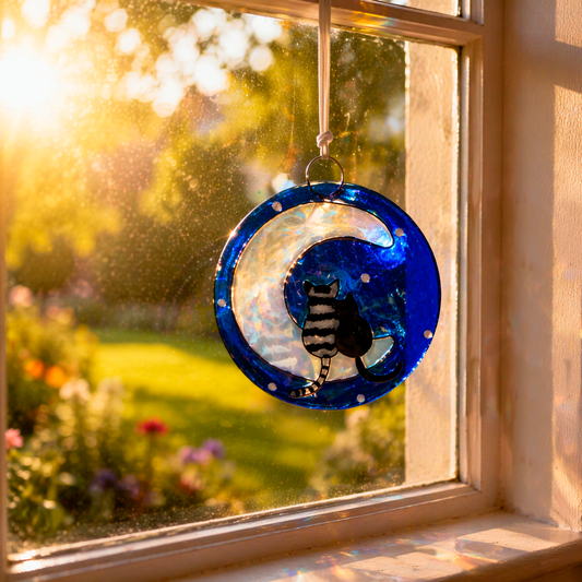 Escultura de vidrio con gatos y luna – decoración artesanal con luz para hogar o regalo especial
