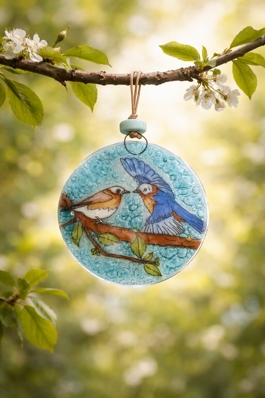 Atrapasol de vidrio pintado a mano con pájaros – decoración luminosa para ventana o regalo especial