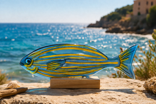 Escultura de vidrio con pez mediterráneo “Sarpa” pintado a mano – decoración marina artesanal