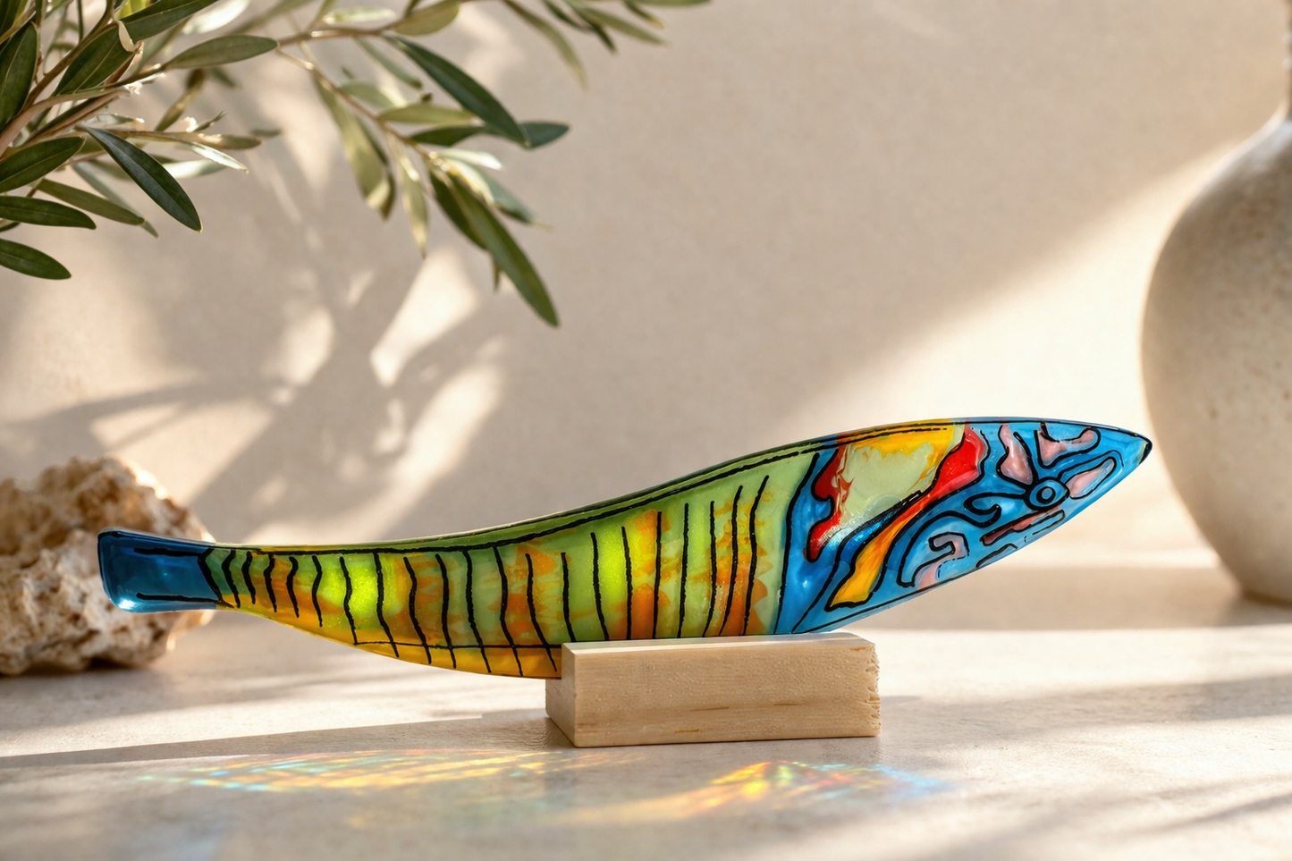 Escultura de vidrio con pez mediterráneo “Fredi” pintado a mano – decoración marina artesanal