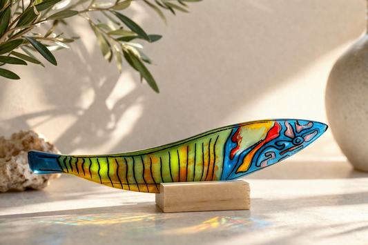 Escultura de vidrio con pez mediterráneo “Fredi” pintado a mano – decoración marina artesanal