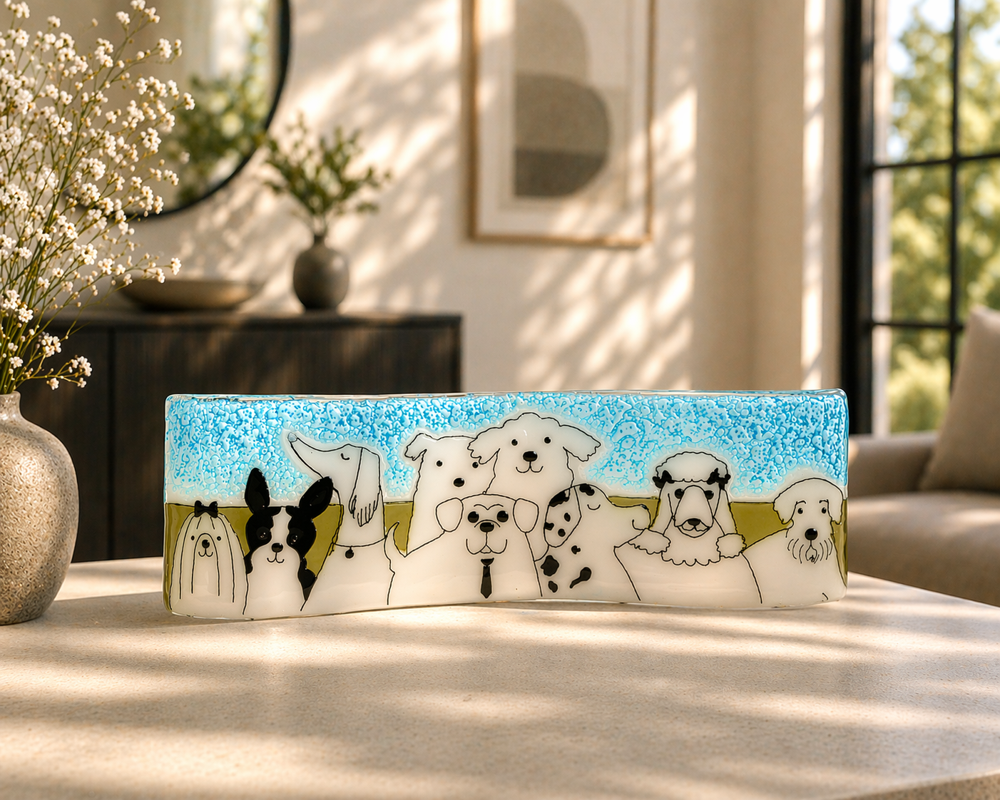 Escultura de vidrio con perros – decoración artesanal con luz para hogar