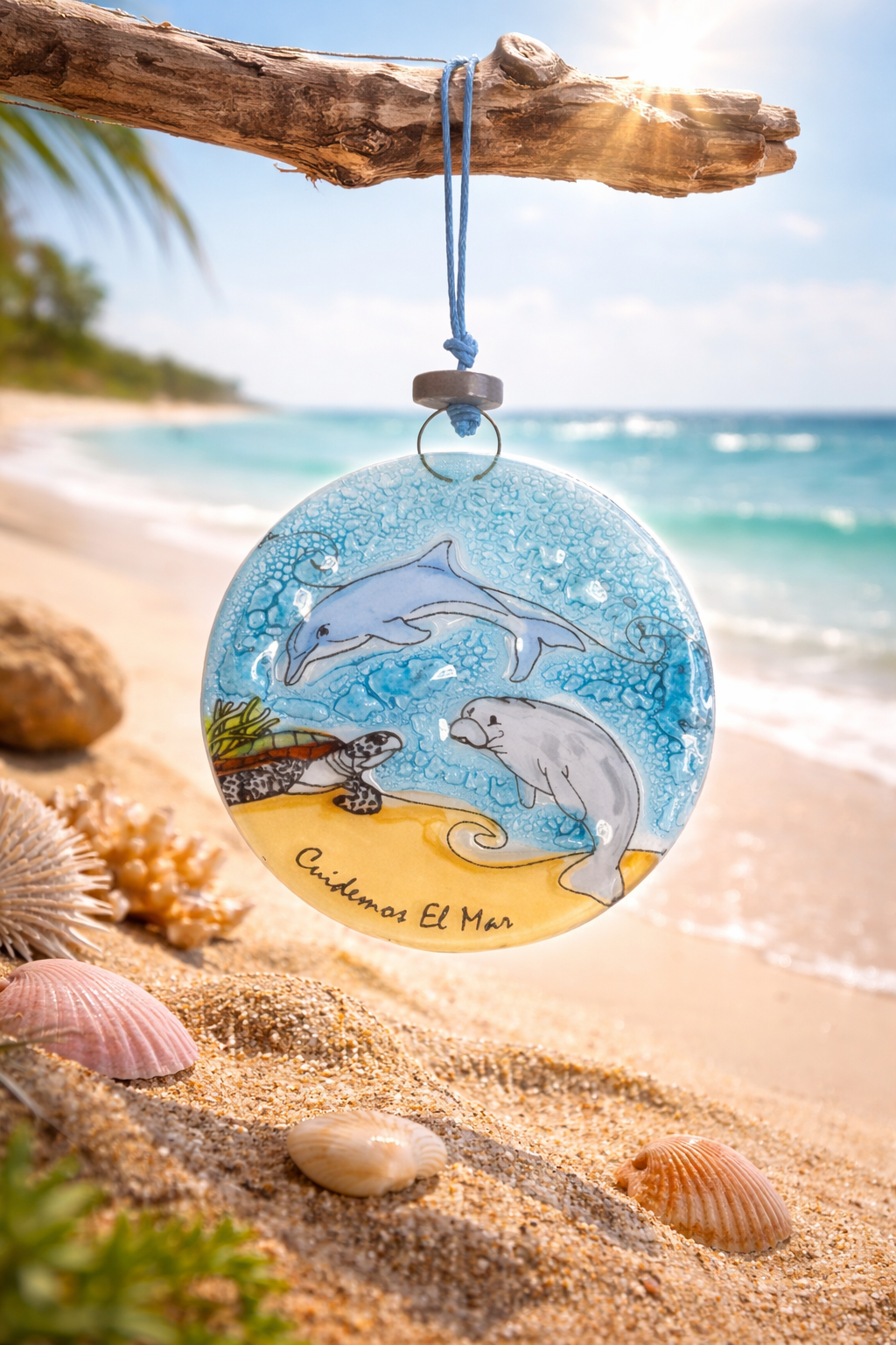 Atrapasol de vidrio pintado a mano con diseños de naturaleza y mar – decoración colgante artesanal
