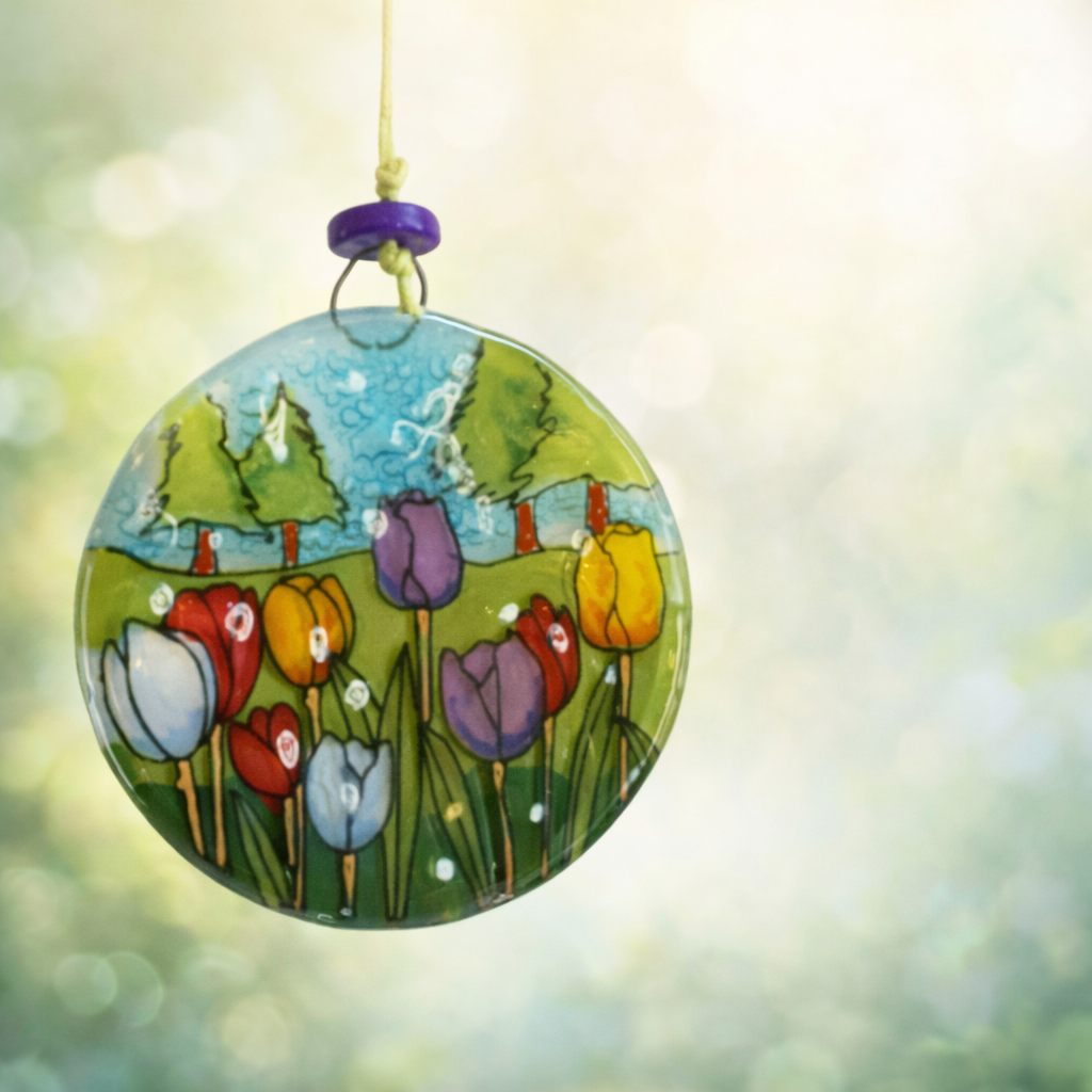 Atrapasol de vidrio pintado a mano con flores – decoración colgante artesanal
