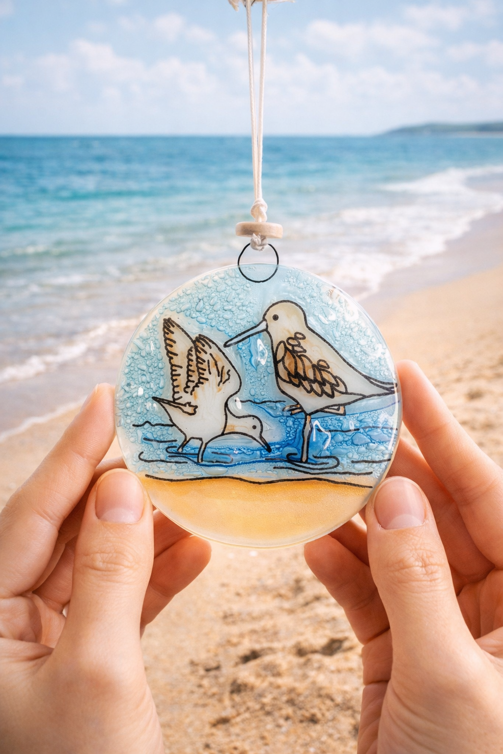 Atrapasol de vidrio pintado a mano con diseños de naturaleza y mar – decoración colgante artesanal