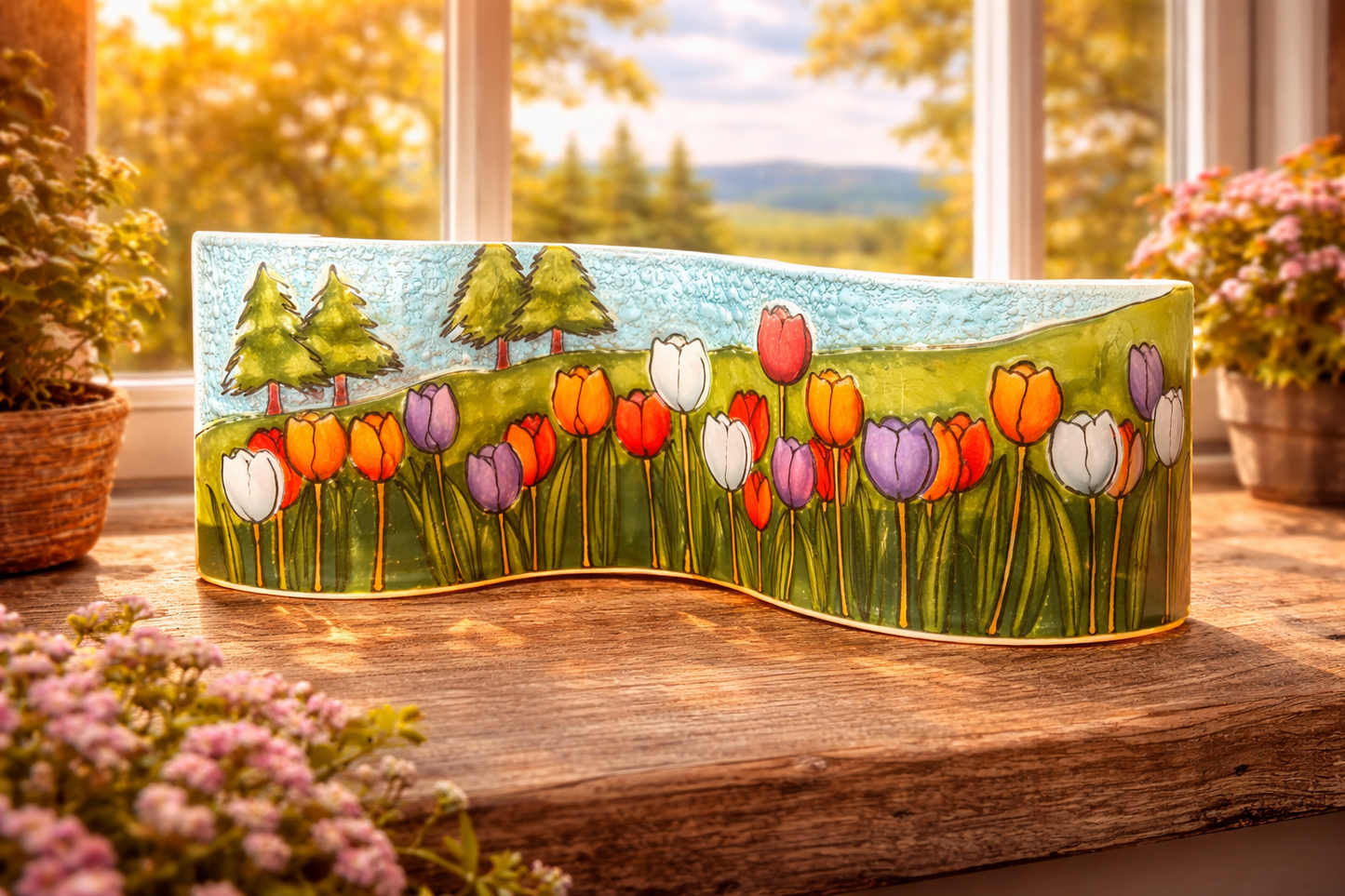 Escultura de vidrio pintado a mano con tulipanes – decoración artesanal para el hogar