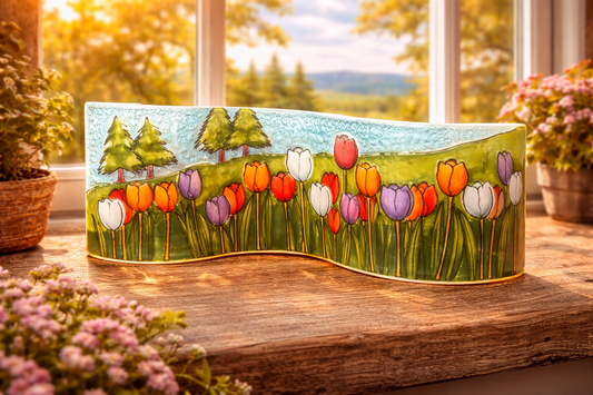 Escultura de vidrio pintado a mano con tulipanes – decoración artesanal para el hogar