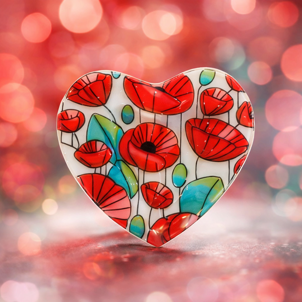 👉 Corazones de vidrio pintado a mano con flores – decoración artesanal para el hogar