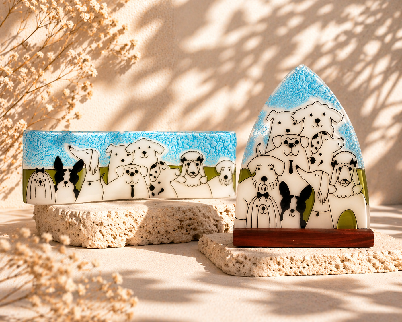 Escultura de vidrio con perros – decoración artesanal con luz para hogar