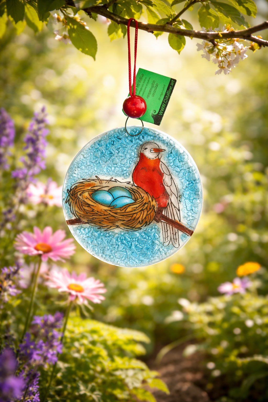 Atrapasol de vidrio pintado a mano con pájaros – decoración luminosa para ventana o regalo especial
