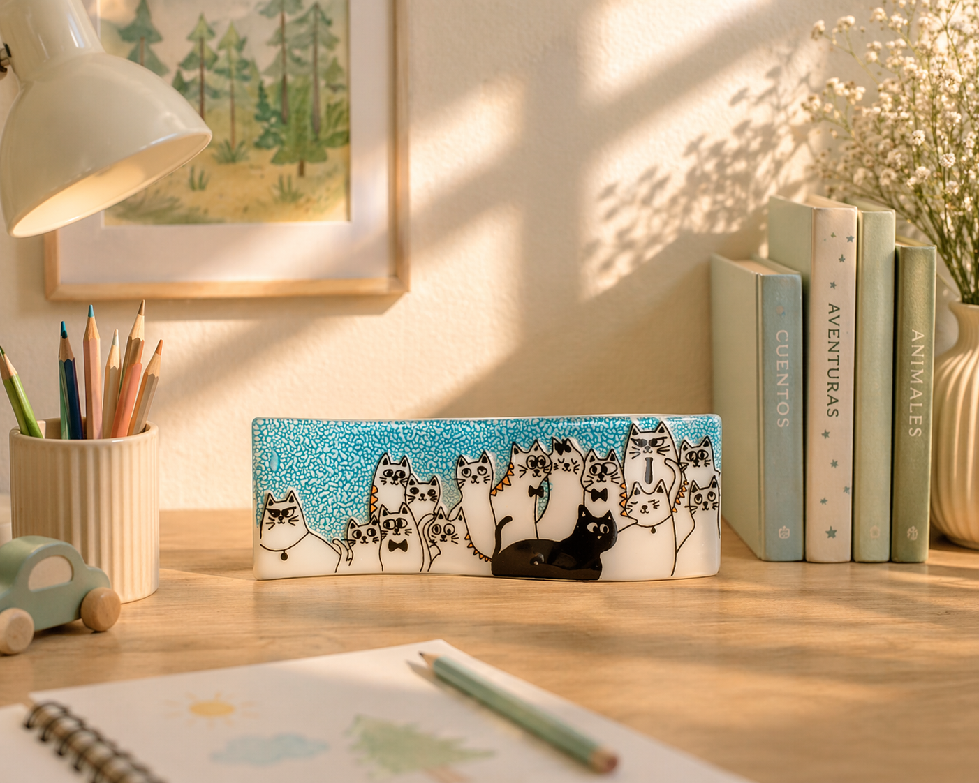 Set decoración gatos en vidrio pintado a mano – jabonera, candelabro y pieza decorativa artesanal