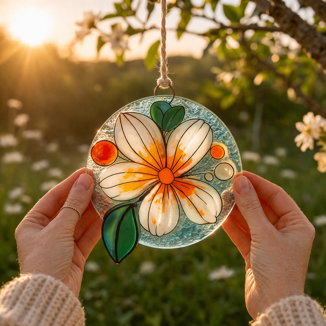 Atrapasol de vidrio con flor blanca pintado a mano – decoración luminosa para ventana o regalo especial