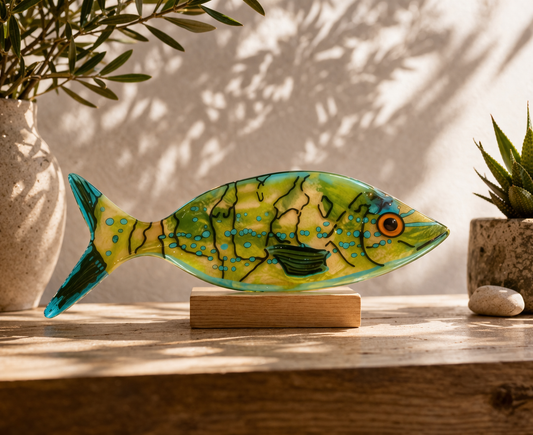 Escultura de vidrio con pez “Chucula” pintado a mano – decoración marina artesanal