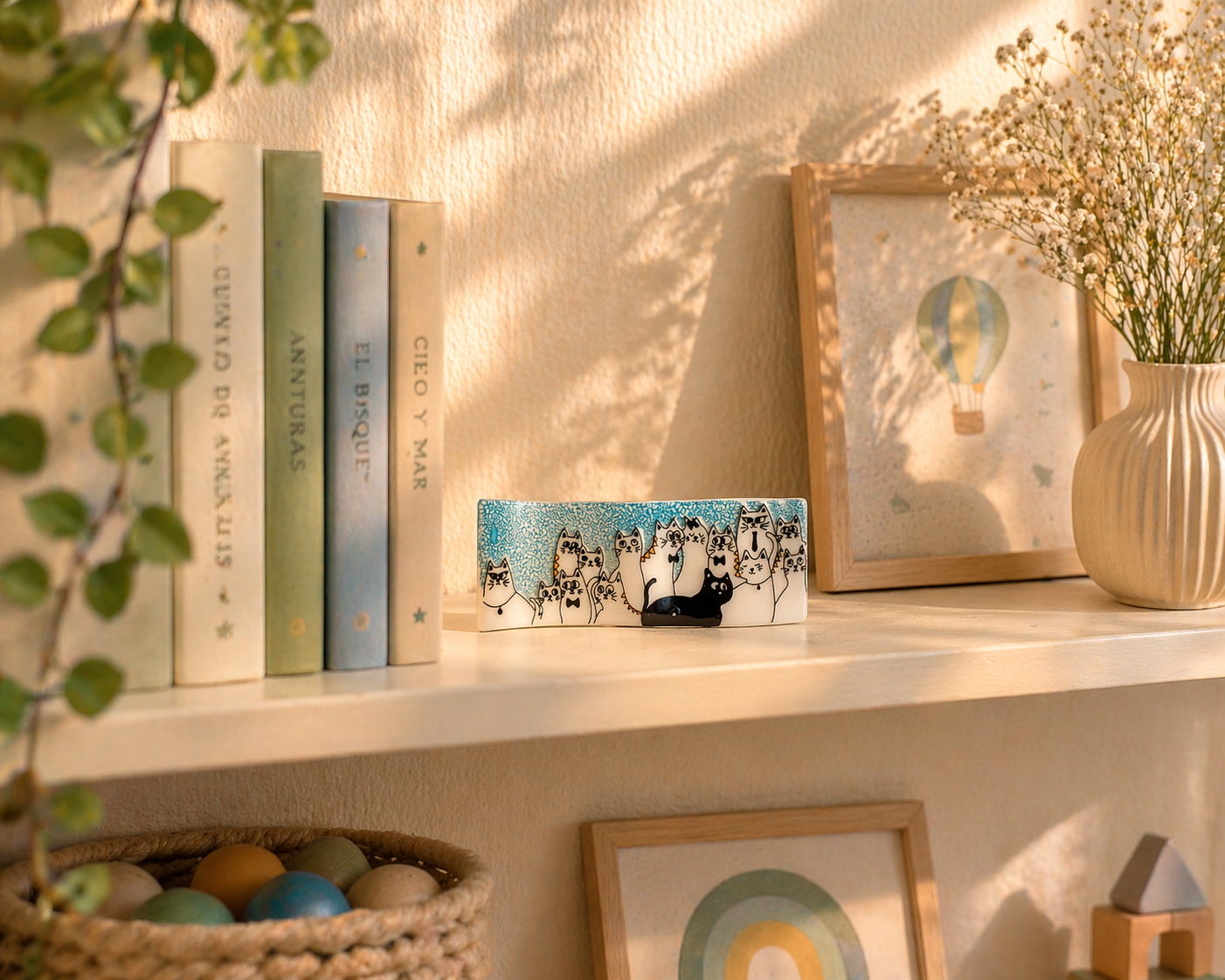 Set decoración gatos en vidrio pintado a mano – jabonera, candelabro y pieza decorativa artesanal