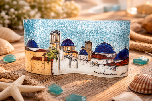 Escultura de vidrio skyline Alicante – decoración luminosa artesanal inspirada en el Mediterráneo