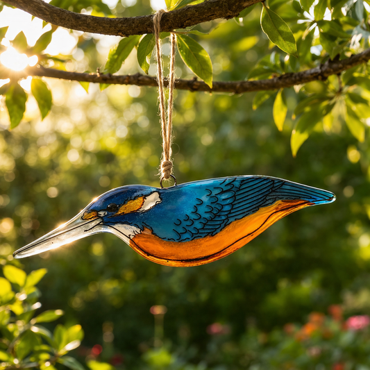 Atrapasol de vidrio pintado a mano con martín pescador – decoración colgante artesanal