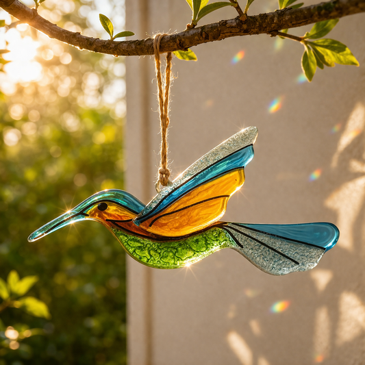 Atrapasol de vidrio pintado a mano con colibrí – decoración colgante artesanal