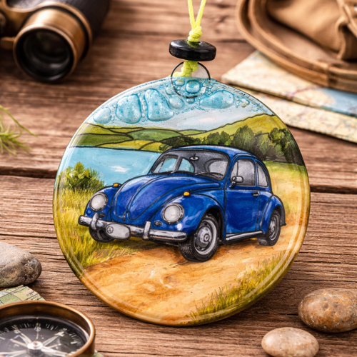 Atrapasol de vidrio pintado a mano con vehículos retro – decoración colgante artesanal