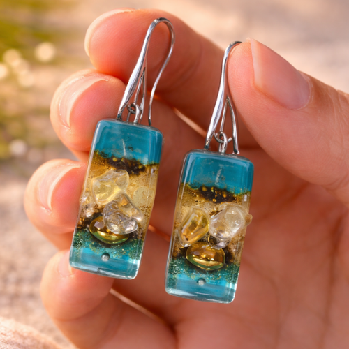 Pendientes de vidrio pintado a mano ámbar y dorado – diseño rectangular elegante para regalo