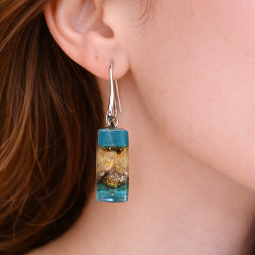 Pendientes de vidrio pintado a mano ámbar y dorado – diseño rectangular elegante para regalo