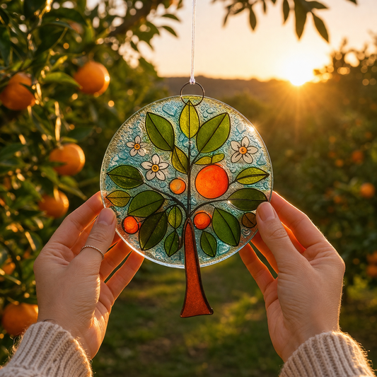 Atrapasol de vidrio pintado a mano árbol de naranjo – decoración colgante artesanal