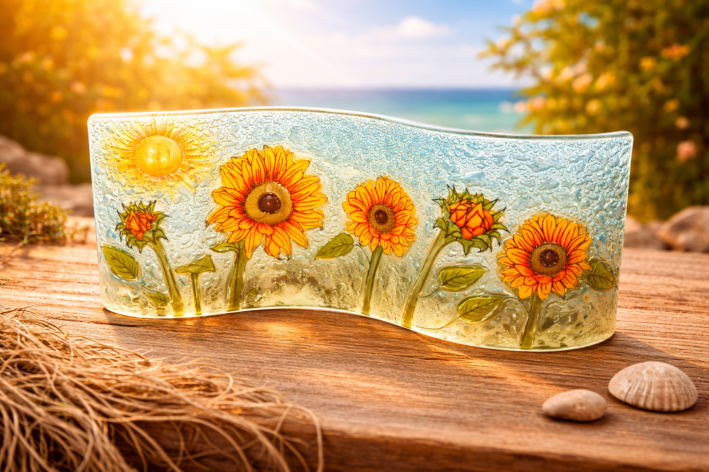 Escultura de vidrio con girasoles – decoración luminosa artesanal para el hogar o regalo original