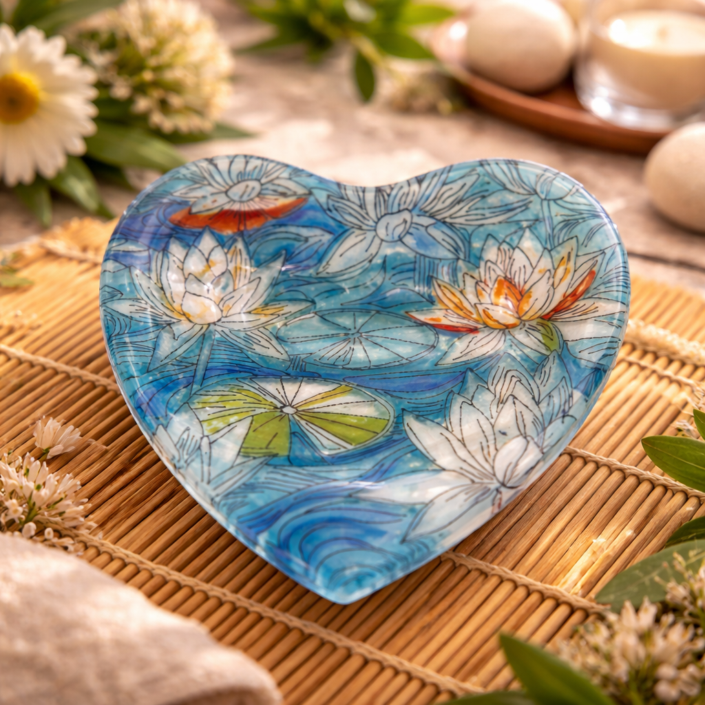 Corazón de vidrio con flores pintado a mano – decoración luminosa artesanal o regalo especial