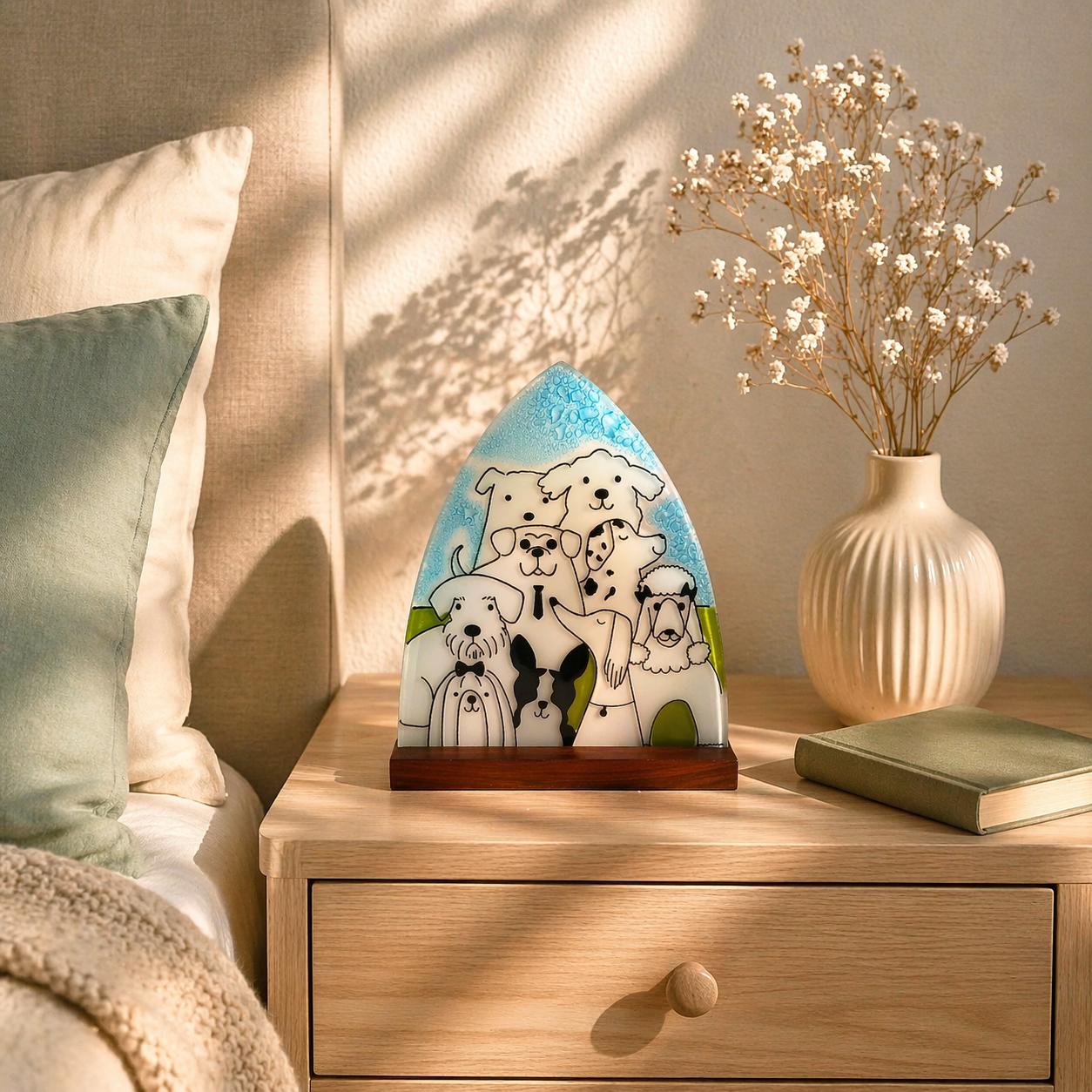 Escultura de vidrio con perros – decoración artesanal con luz para hogar