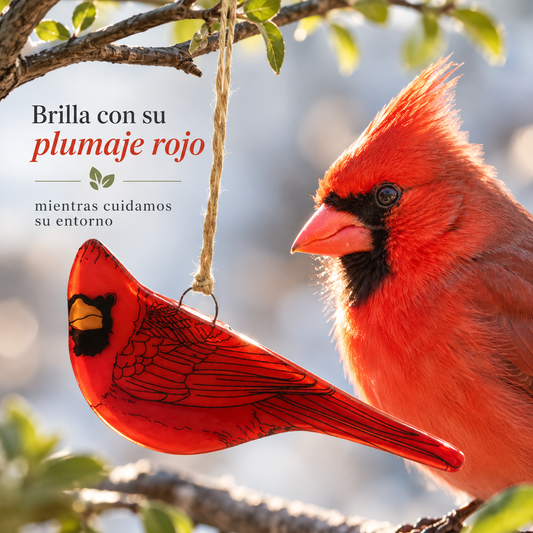 Atrapasol de vidrio con pájaro cardenal pintado a mano – decoración para ventana artesanal