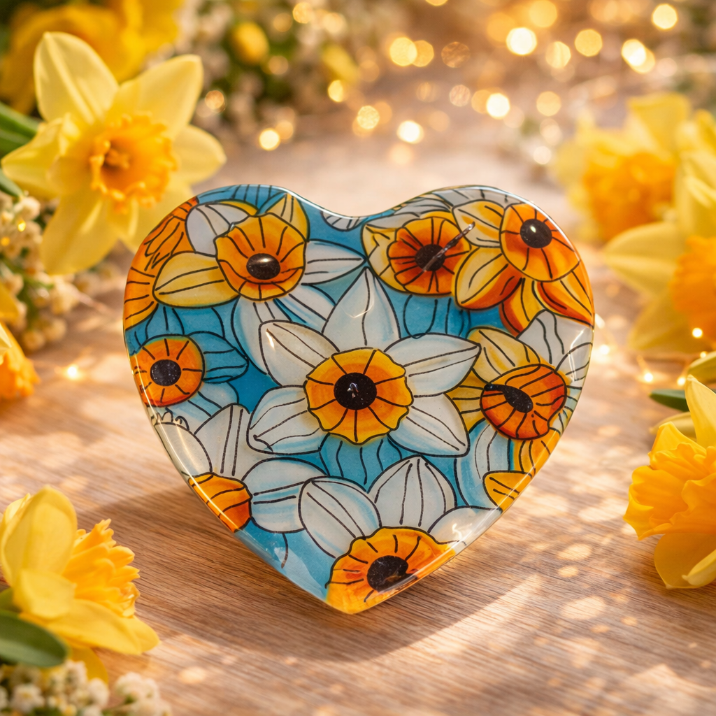 Corazón de vidrio con flores pintado a mano – decoración luminosa artesanal o regalo especial