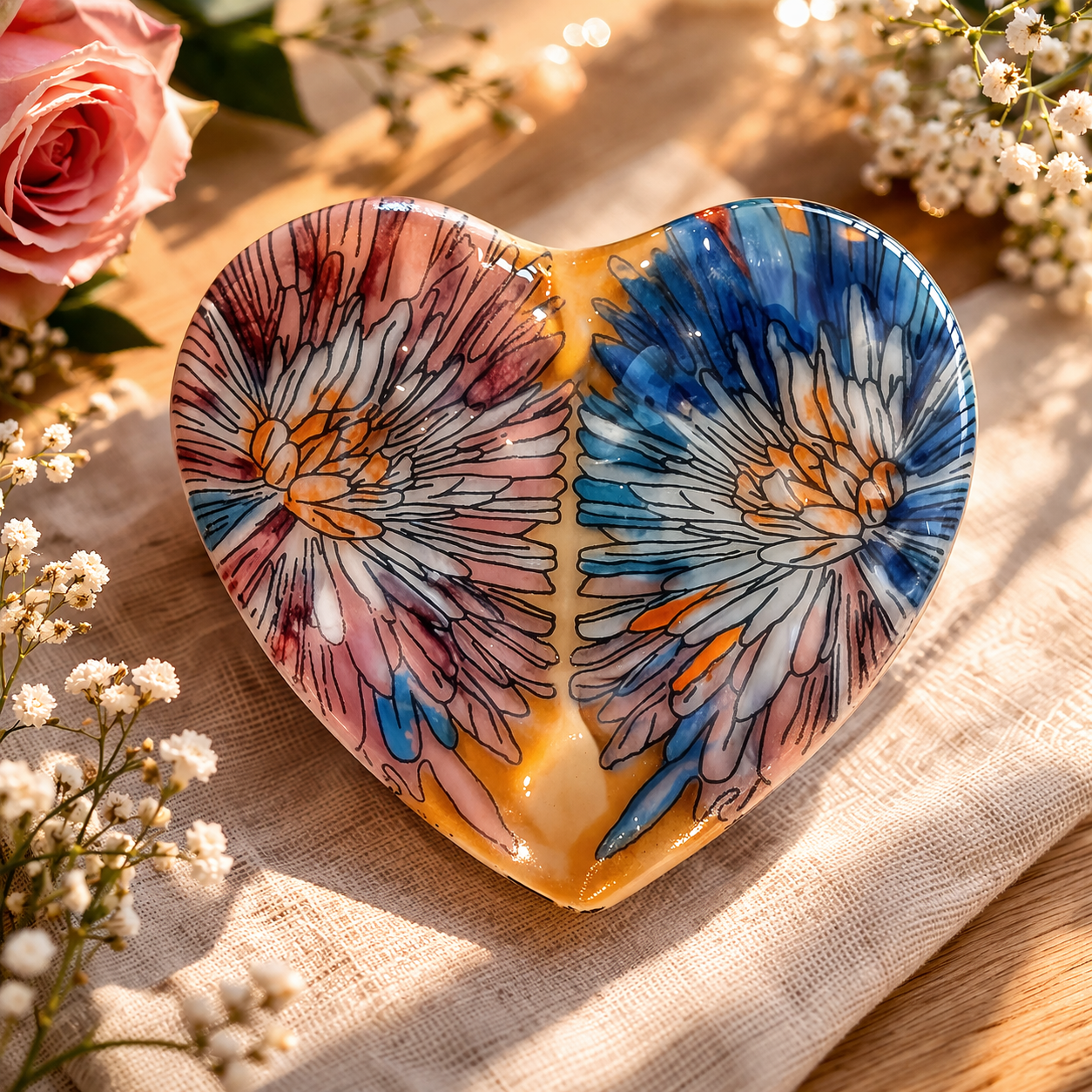Corazón de vidrio con flores pintado a mano – decoración luminosa artesanal o regalo especial