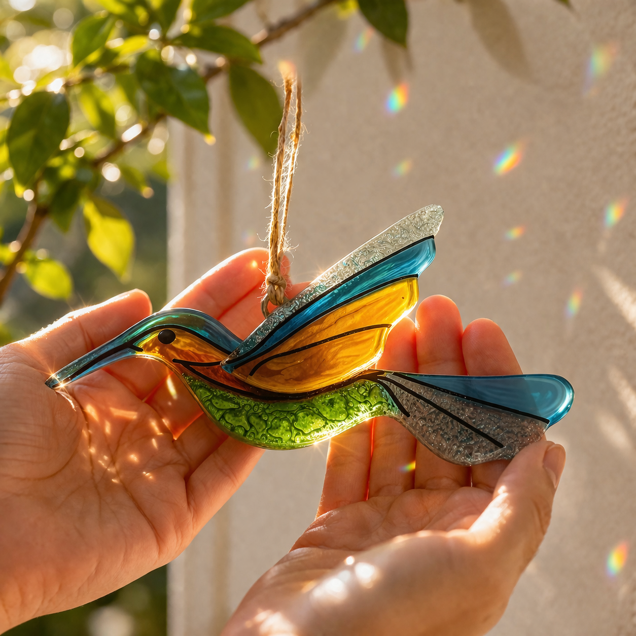 Atrapasol de vidrio pintado a mano con colibrí – decoración colgante artesanal