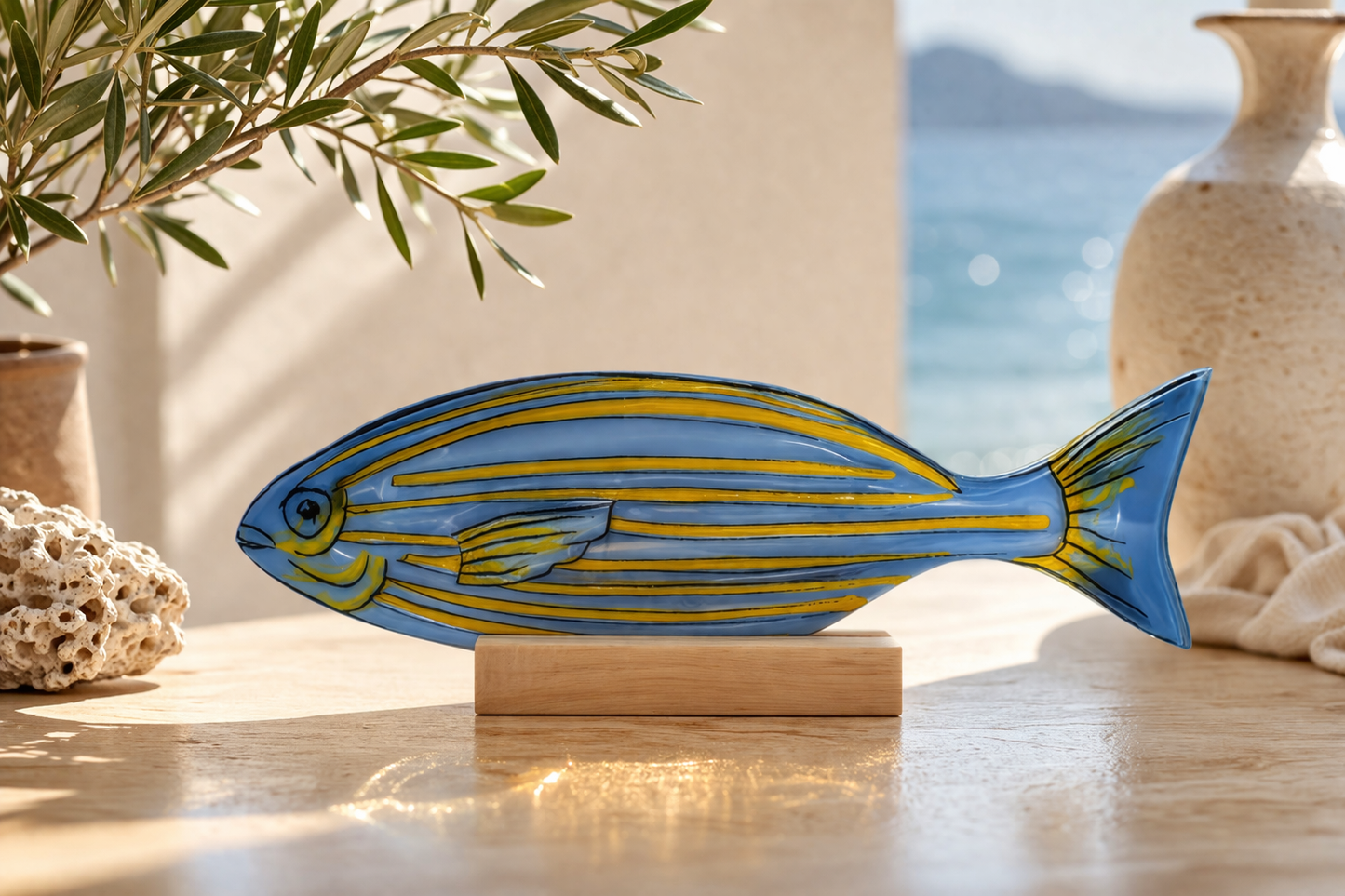 Escultura de vidrio con pez mediterráneo “Sarpa” pintado a mano – decoración marina artesanal