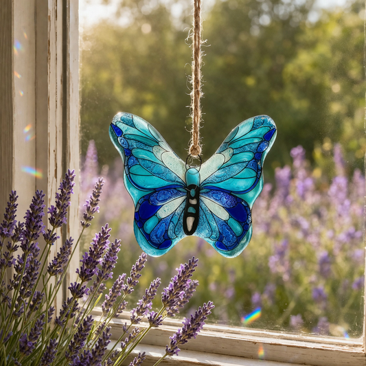 Atrapasol de vidrio con mariposa pintado a mano – decoración luminosa para ventana o regalo especial