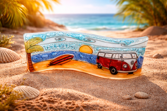 Ola de vidrio Pequeña - Furgoneta Vintage en la Playa – Escultura en vidrio pintado a mano