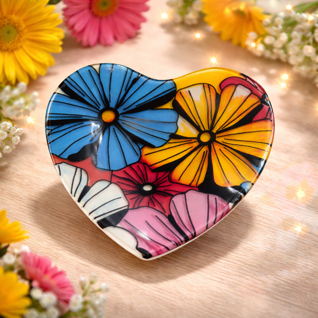 👉 Corazones de vidrio pintado a mano con flores – decoración artesanal para el hogar